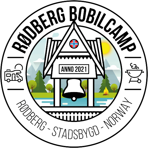 Logo for Rødberg Bobilcamp med klokketårnet og teksten Rødberg – Stadsbygd – Norway
